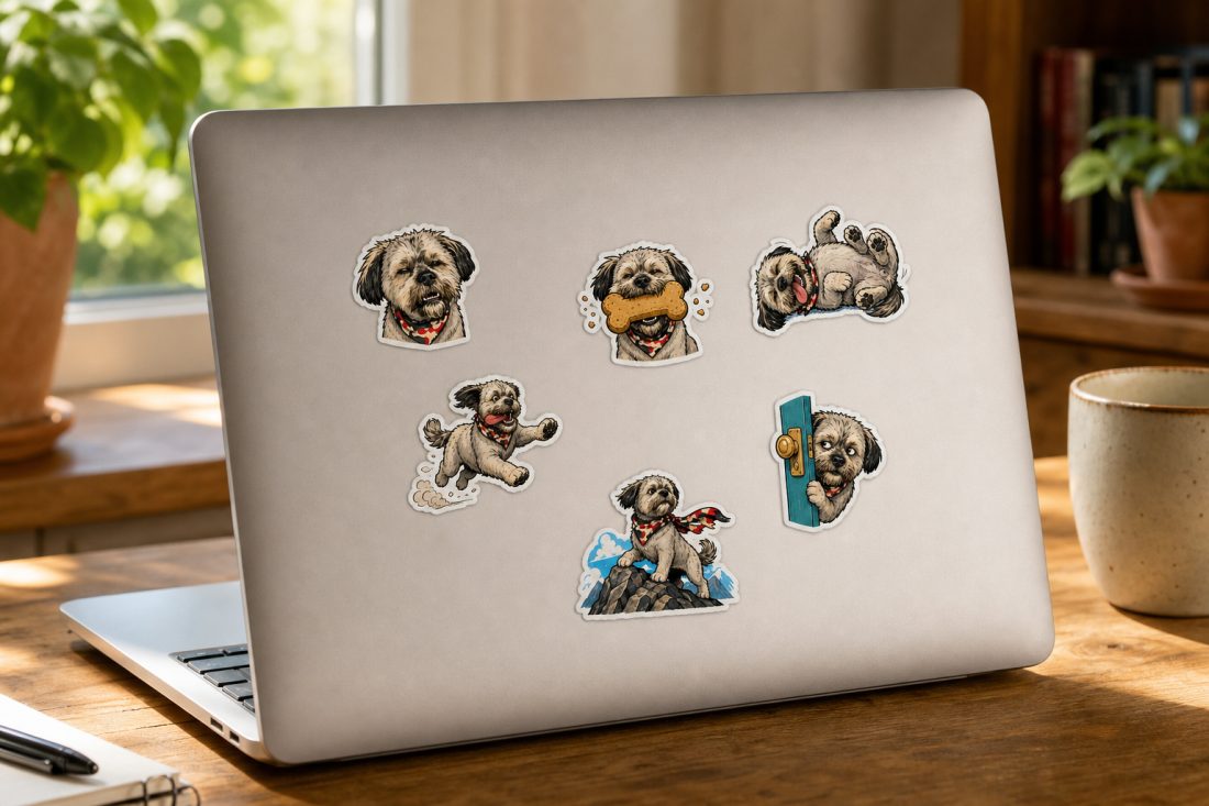 その犬のステッカーが貼られたノートパソコン